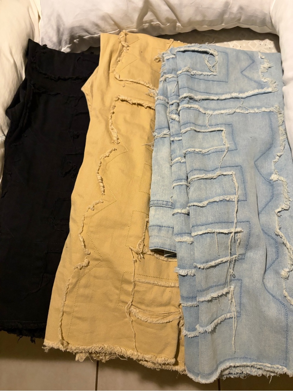 Frayed Tiered Mini Skirts - Black, Mustard, Light Wash Denim 2 jorts 3 jeans